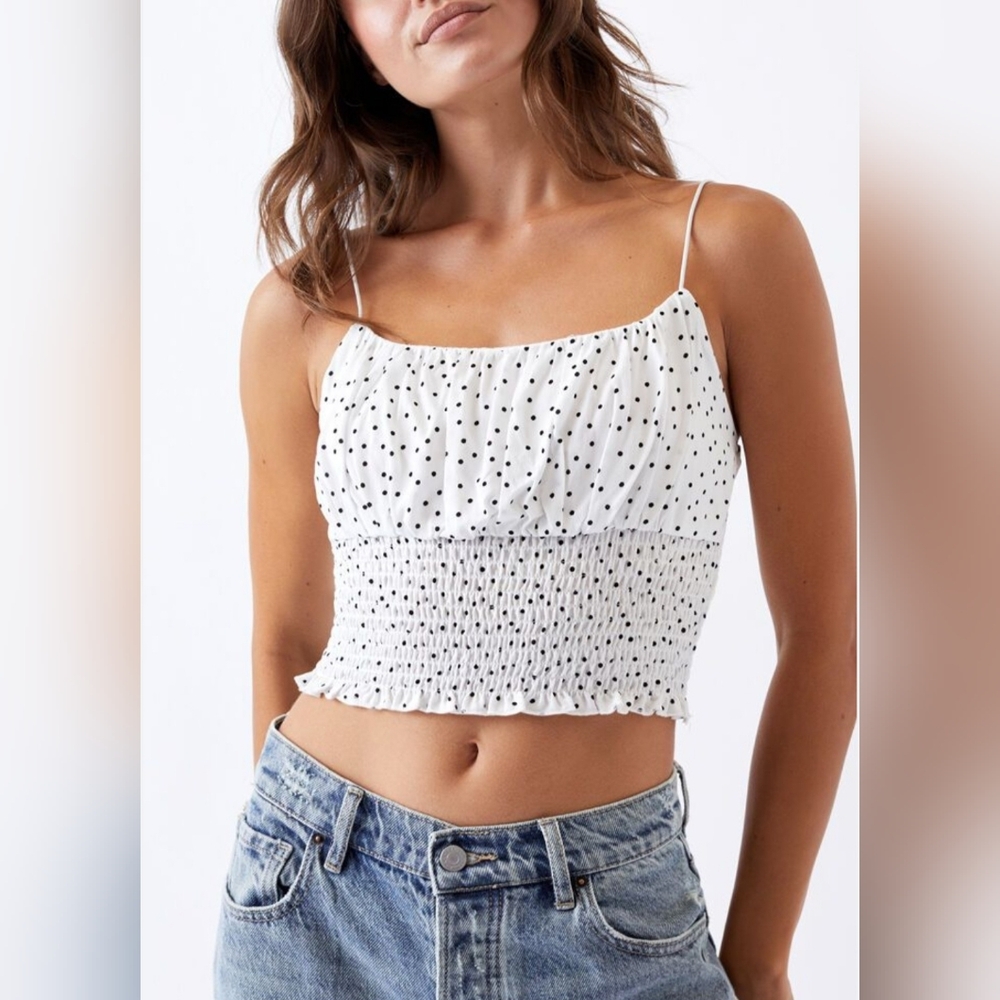 White Polka Dot Smocked Crop Top